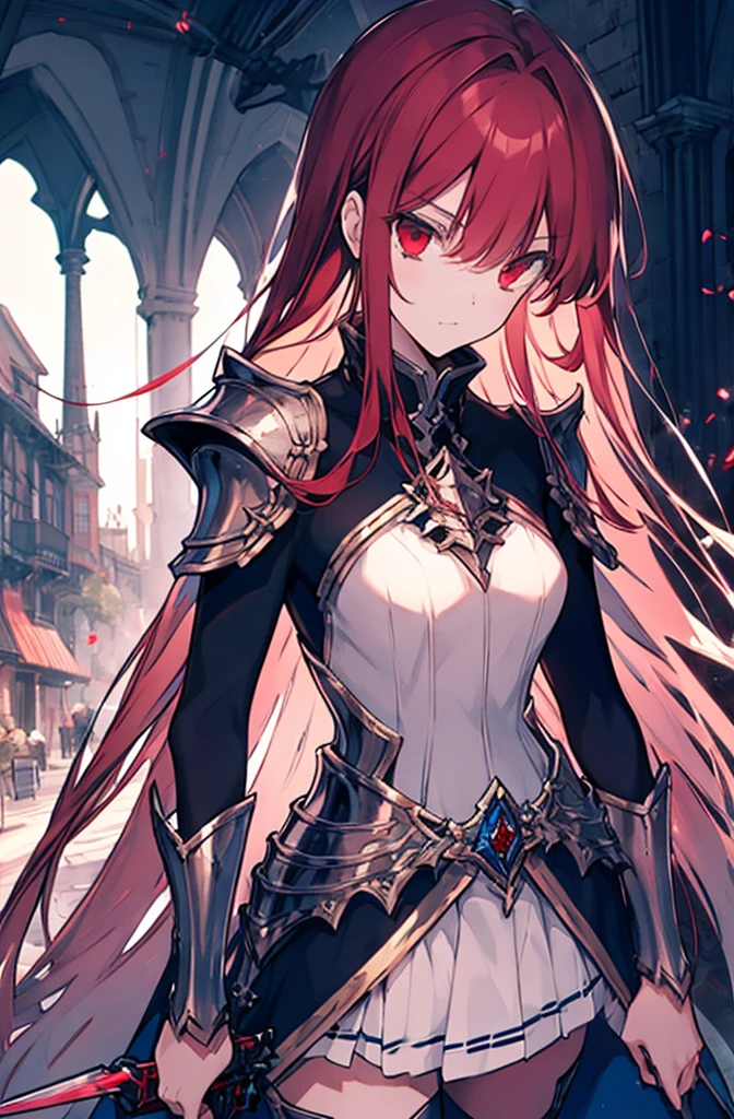 4k,hight resolution,One Woman,Bright red long hair,Longhaire,red eyes,knights,white sacred armor,jewel decorations,Big sword,medieval town,furious,