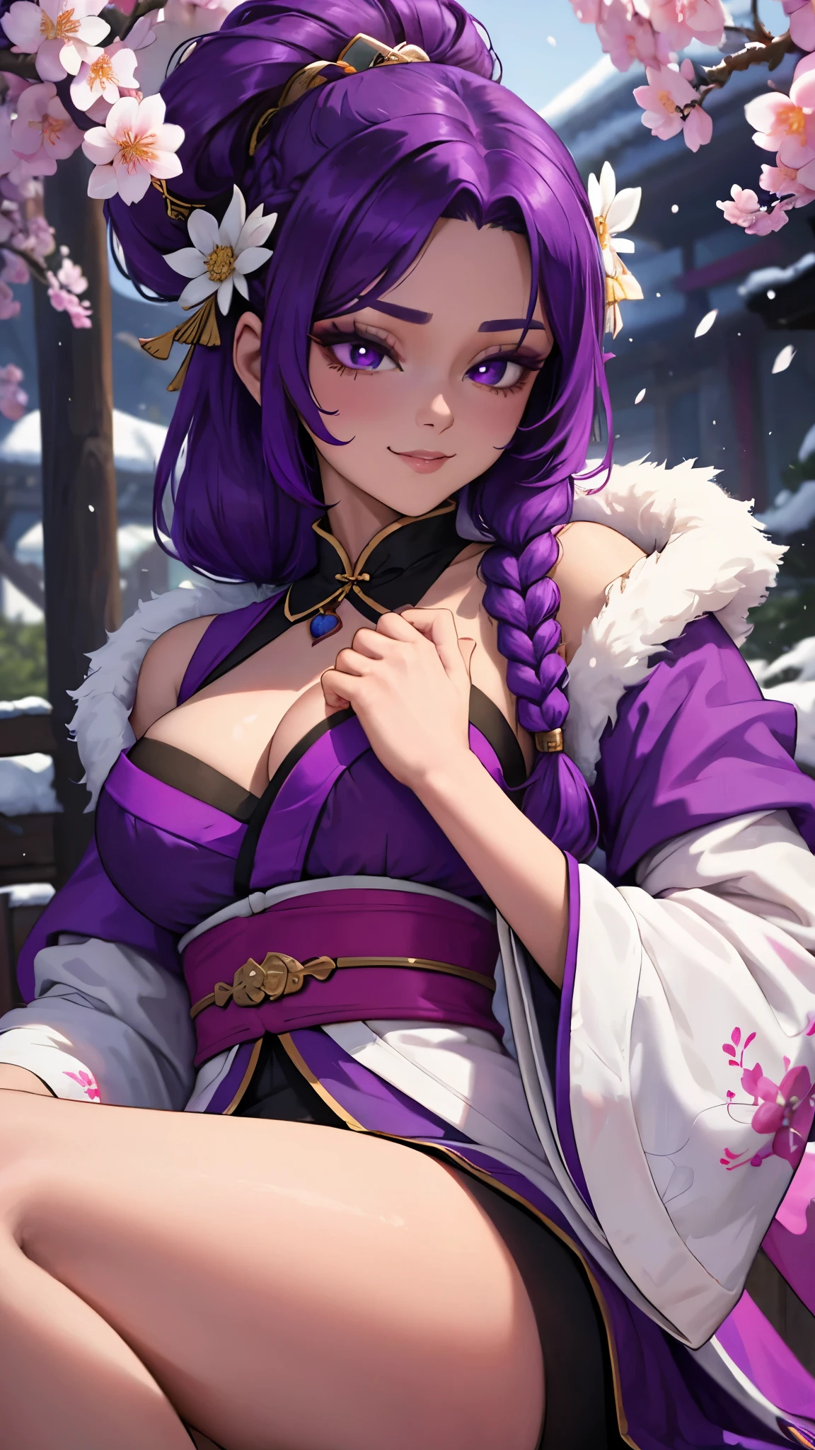 Bright Purple Taoist Robe, falda larga hanfu, large eyes, masterpiece absolute beauty, 1 woman, close up. close up, healing smile, snow scene, 4K image quality, twisted braid, princess hairstyle princess cut, simple hair accessories, plum blossoms, people can't forget beauty when they see it
