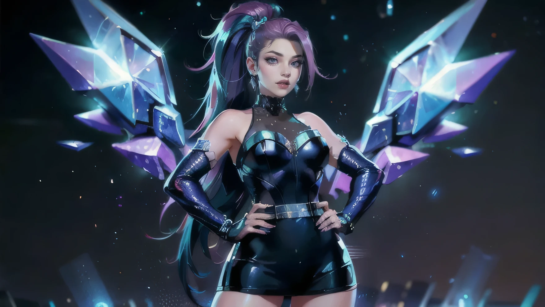 ((best qualityer)), ((work of art)), (detailded), 1 girl, ombro to ombro sweater, photorrealistic, high resolution, 1 women, mature woman, standing alone, hips up,purples eyes, cuddly, Star Guardian (League of Legends), pink  hair, mitts, long hair, thicc thighs, overskirt, elbow mitts, hand on hip, bared shoulders, standing alone, wings, white mitts, breastsout, pink eyes, bangss, magic, hair ornament