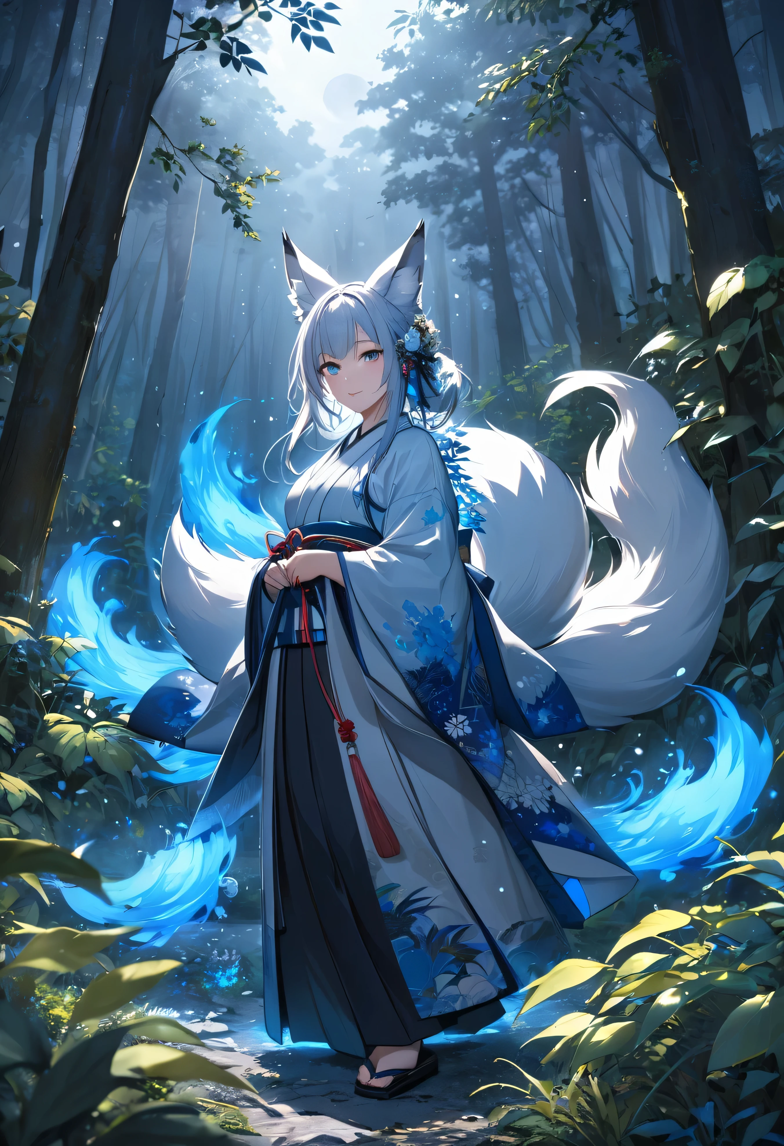 Masterpiece, Extremely detailed, beautiful, perfect face e, close distance shot, (A beautiful kitsune woman peering through the leaves in a dense forest) , {she is surrounded by motes of blue fire}, facing viewer, (dynamic pose) , fox ears, nine fox tails, traditional Japanese clothing. Japanese sandels, ((vegetation in the forground, dew, subject partially obscured by vegetation)) , ((moonlit night)) 