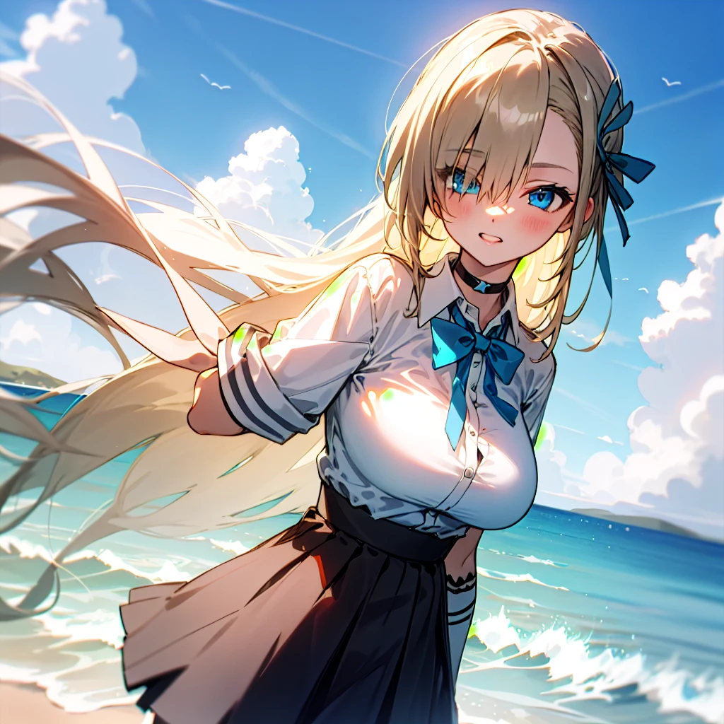 Girl 1 Girl, Asuna, blue eyes, Long Hair, Hair on one eye, Large Breasts,, White shirt, Rolled up my sleeves, Black choker, Black Skirt, Blue bow tie, Sunny seaside, water, blue sky, cloud