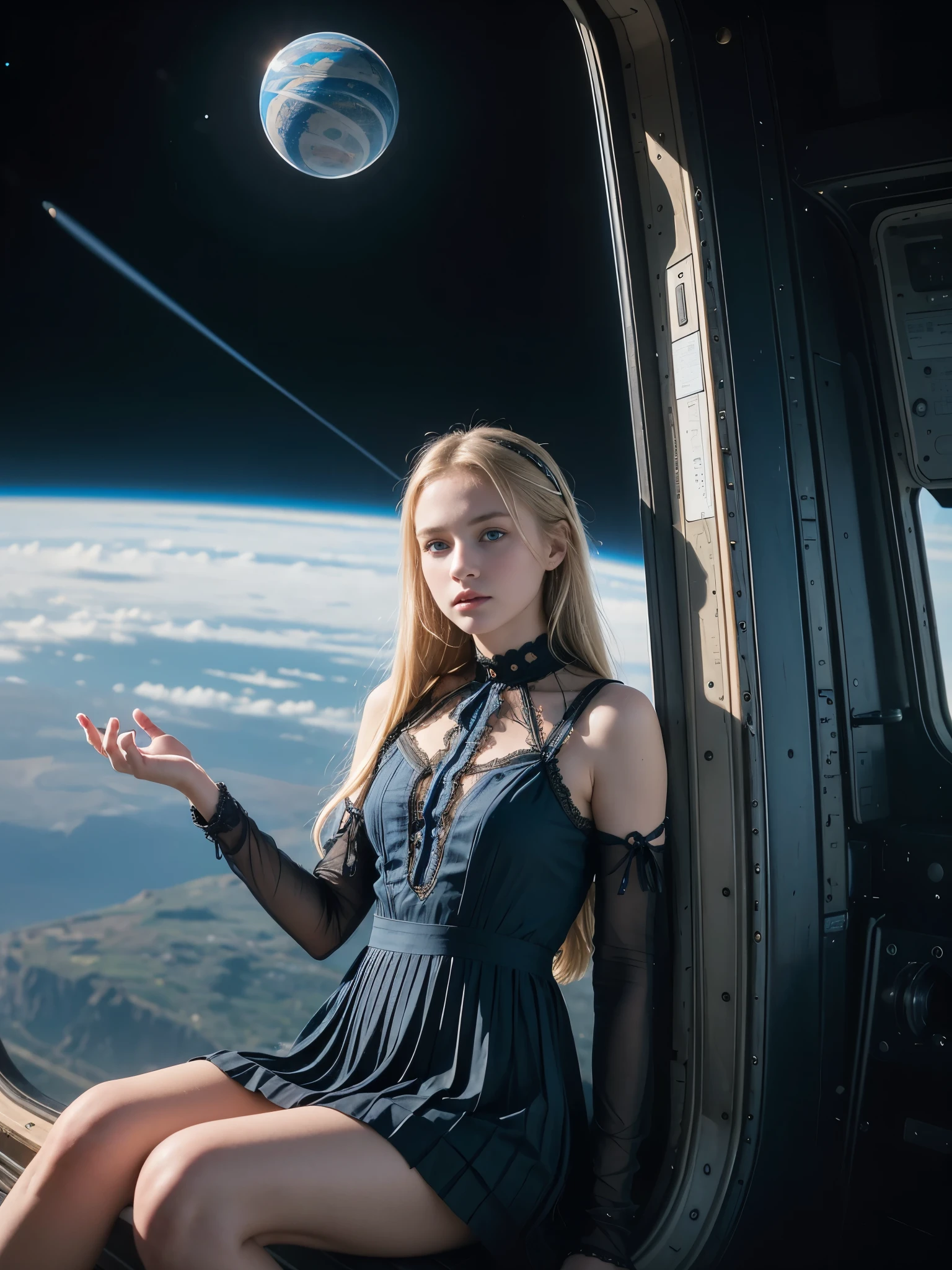 ((masterpiece, best quality, photography, RAW quality)), (young BLONDE girl with a perfect face, blue eyes, clear pupil), ((wearing a short, intricately pleated black antique dress, laces on the chest, showing off her perfect body)) , ((space track orbiting the earth)), sitting in a glider vehicle, looking sideways