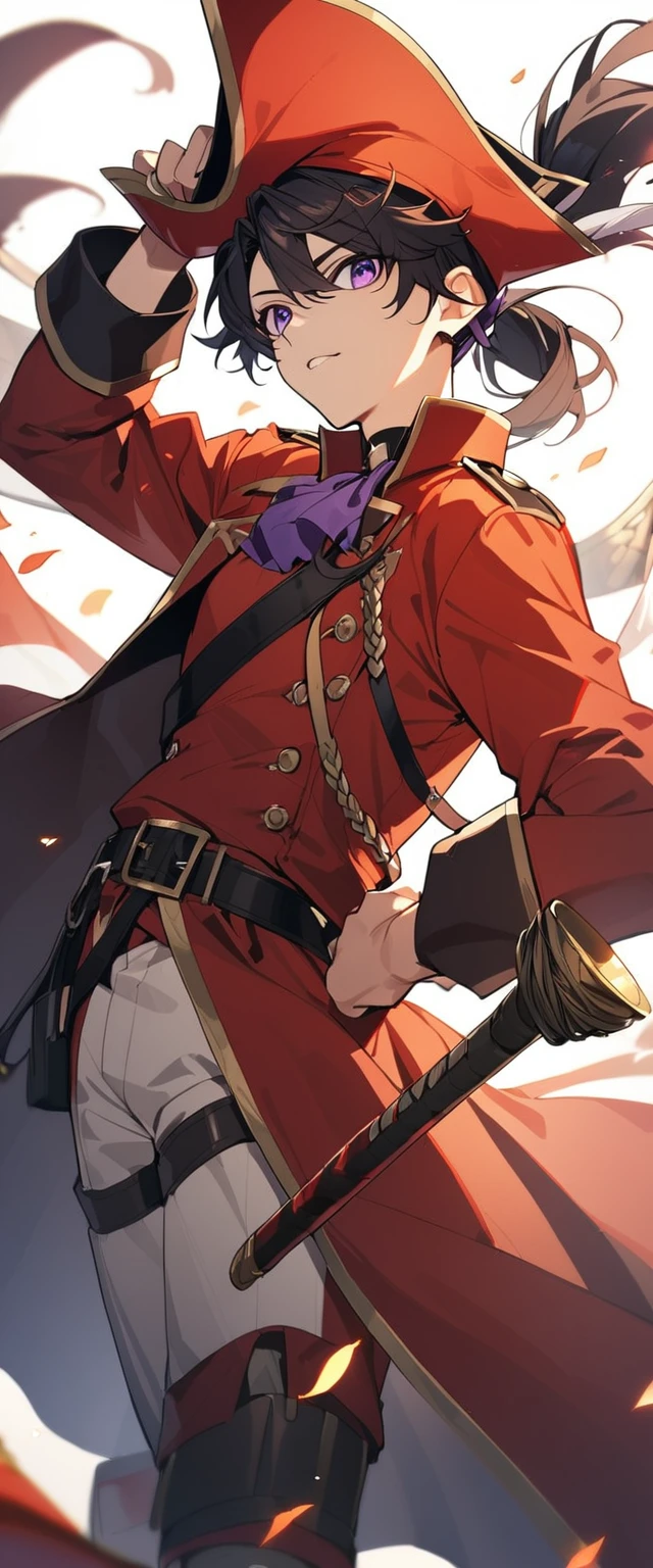 1boy, teenager, Pretty Face, black hair, purple eyes, wearing a red pirate uniform, holding a sword in hand.