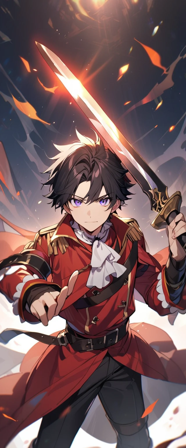 1boy, ager, Pretty Face, black hair, purple eyes, wearing a red pirate uniform, holding a sword in hand.