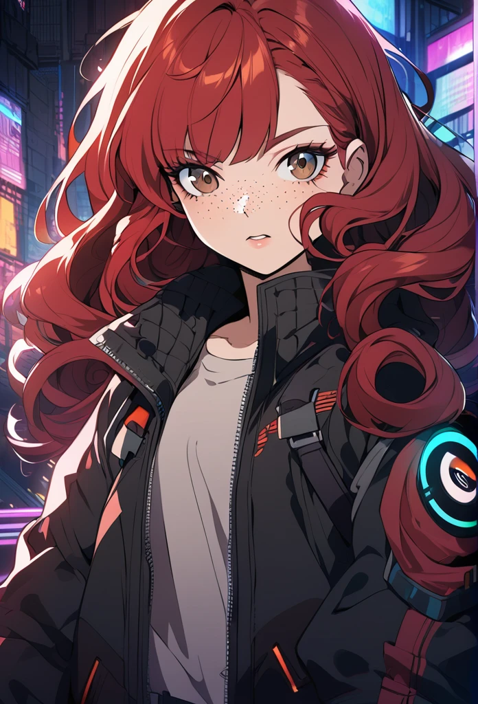 A girl, red hair, curly hair, brown eyes, jacket, cyberpunk background, anime style, freckles