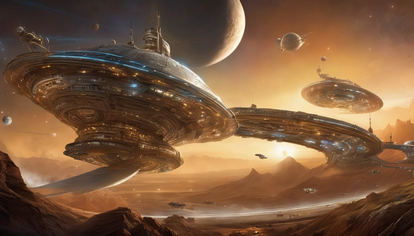 Futuristic space station double as alien colony, multiple variance-in-design spaceships docked or adrift near structure, vibrant blue, orange, Cosmic-Neon rainbow LED lights adorning the intricate architecture, diverse extraterrestrial beings in eclectic attire engaging in varied activities, construction equipment in use, colossal glowing planet dominating the backdrop, drone capturing the essence of interstellar habitation, vast scale, octane rendering, UHD. 4D 750k UHD resolution, Use the design styles of Larry Niven, Steven Spielberg, & J. Michael Straczynski. Use the style of Walt Disney Futuristic space station double as alien colony, multiple variance-in-design spaceships docked or adrift near structure, vibrant blue, orange, green LED lights adorning the intricate architecture, diverse extraterrestrial beings in eclectic attire engaging in varied activities, construction equipment in use, colossal glowing planet dominating the backdrop, drone capturing the essence of interstellar habitation, vast scale, octane rendering, UHD. 4D 750k UHD resolution, Use the design styles of Larry Niven, Steven Spielberg, & J. Michael Straczynski, Harlan Ellison.Gold Chrome cobalt steel tube starship, length 144', positioned at a 45-degree angle from the front, culvert shaped body diameter of 288', 2 diamond nacels fashioned like AAA batteries, length 96', angle 90 degrees above ship's rear, orbiting Saturn near one of its rings, a nearby nebula hosting a similar fleet of starships engaged in battle, high-resolution space opera scene. Gold Chrome cobalt steel tube starship, length 144', positioned at a 45-degree angle from the front, culvert shaped 1974 Winnebago body diameter of 288', 2 diamond nacels fashioned like AAA batteries, length 96', angle 90 degrees above ship's rear, orbiting Saturn near one of its rings, a nearby nebula hosting a similar fleet of starships engaged in battle, high-resolution space opera scene.