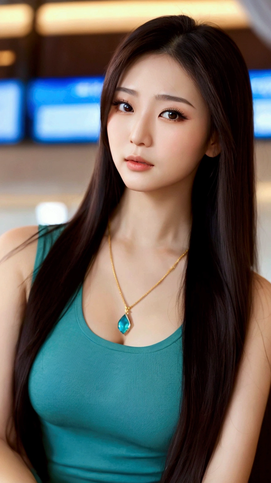 Extreme close up of a beautiful Chinese woman, Big Nose, Straight Long Hair, Her chest size is 38 inches, necklace, Wearing a tight fitting tank top, Sitting in the terminal lounge, Bokeh Background, Ultra-high resolution
