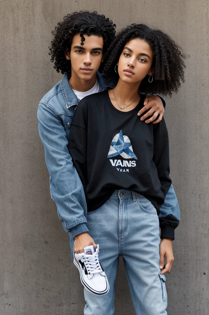 Draw a tall boy, black curly hair with a gray jacket,a pair of blue jeans, con white skin,with brown eyes, with vans tennis,hugging a brown haired girl, blue eyes, white skin, with cargo pants and a black star t-shirt, and vans tennis shoes