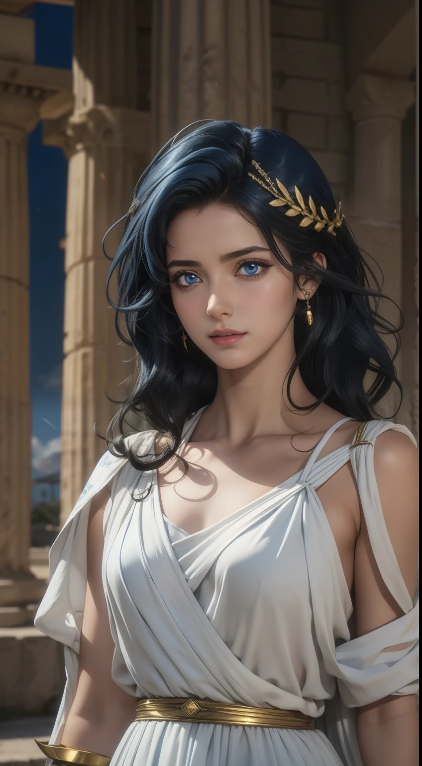 (high qualiy, Breathtaking),(expressive eyes, face perfect) 1 girl, Female, standing alone, grown-up, dark blue hair, white highlights in hair, skin tanned, clear light blue eyes, medium hair length, spiky and fluffy hair, wavy curly hair, black dress with gold details, Tunic, Greek goddess, ancient greek dress, greek clothing, symmetrical eyes, portraite, halfbody, positive expression, fundo cinza, chic, mellow, comely, soft smiling, hair between the eyes, SunsetHuman, collared