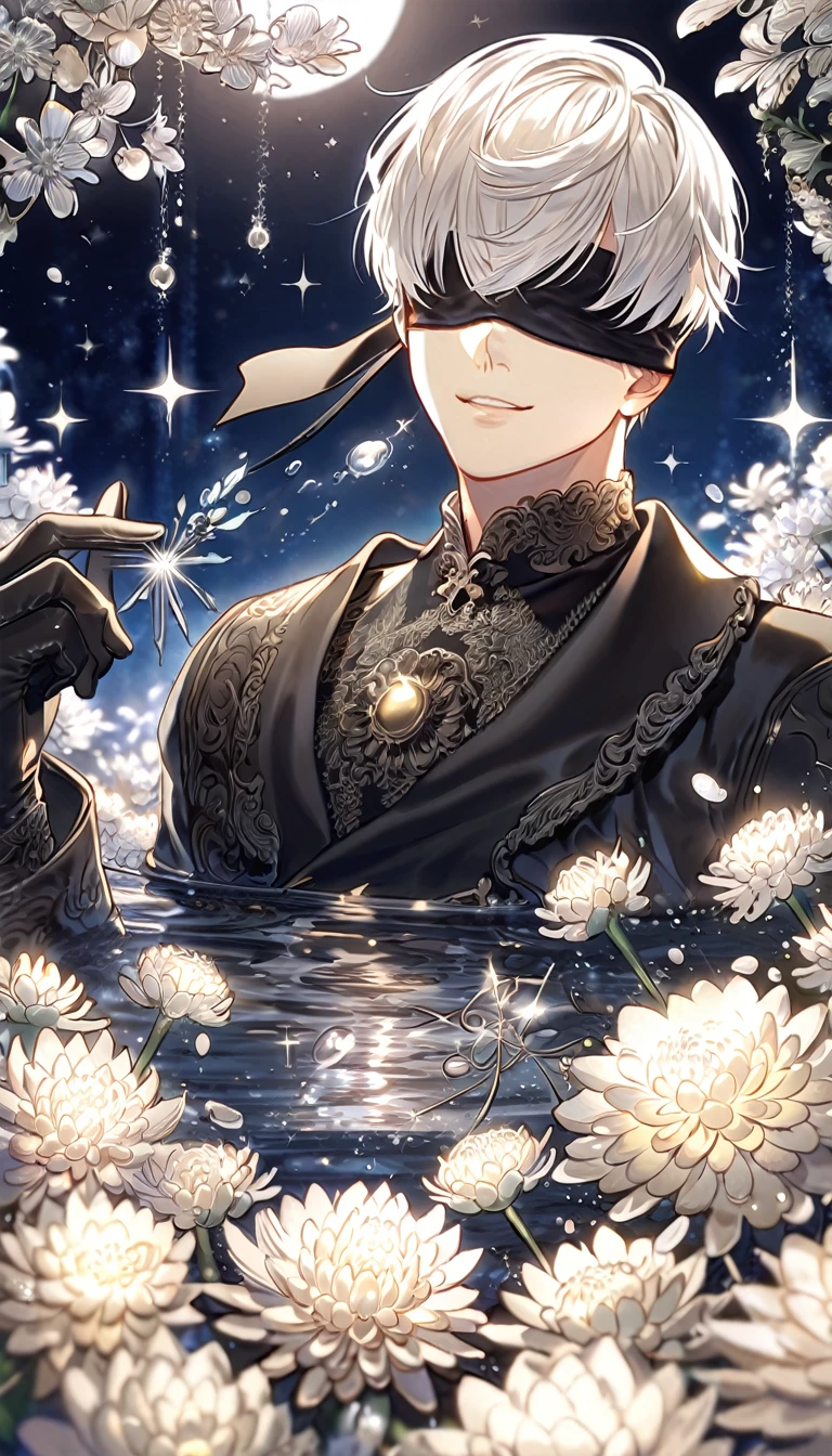 absurdres, highres, ultra detailed, HDR, master piece, best quality, extremely detailed, 9s, white hair, blindfolded, Nier Automata, solo, sexy man, handsome, smile, sensual, black clothes, black gloves, fantasy, water, sparkling, silver glittering fireflies, silver moon, silver blossoms, silver chrysanthemums, silver sparkling lights, starry sky, magical
