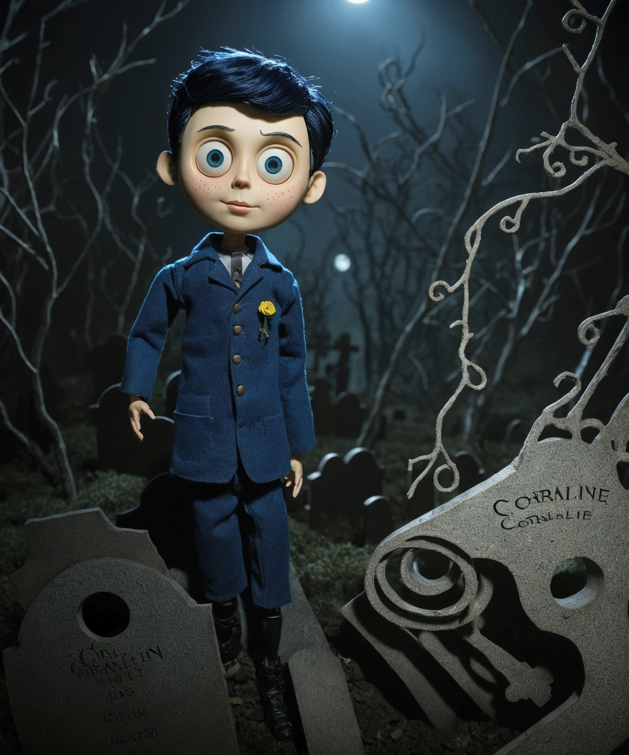 Man doll based on the Coraline movie. he's in a cemetery, inside a horror movie, he has short hair