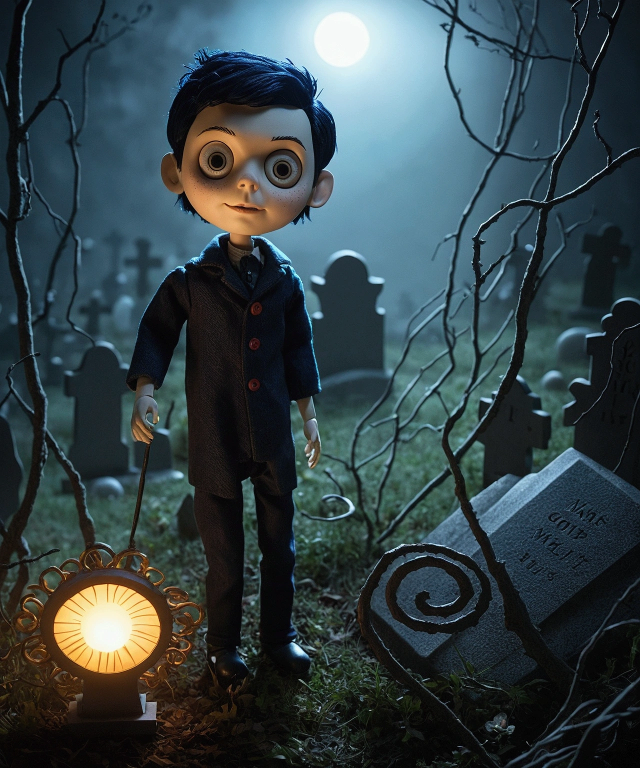 Man doll based on the Coraline movie. he's in a cemetery, inside a horror movie, he has short hair