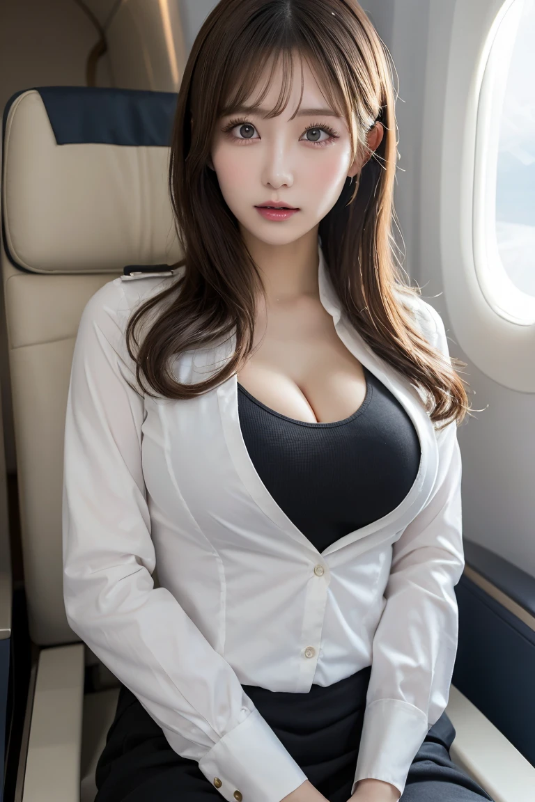 airplane stewardess uniform, Highest quality, shape, Very detailed, In detail, High resolution, 8k wallpaper, Perfect dynamic composition, Beautiful details, Natural Lip, Stewardess Costume, Big Breasts, Cleavage, She is boldly spreading her legs and making sexy poses and sensual expressions..., A masterpiece of the whole body, Side Short