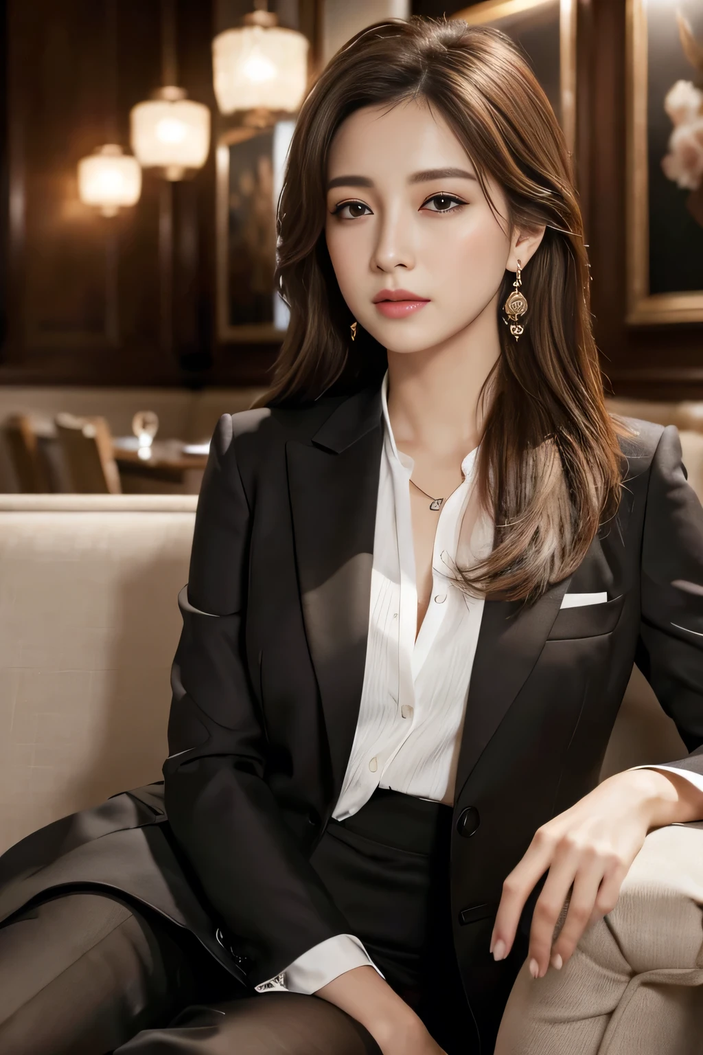 masterpiece, Highest quality, Realistic, Very detailed, Finer details, High resolution, 8k wallpaper, One beautiful woman, Wear a nice suit, In a great restaurant, At night, Light brown messy hair, Perfect dynamic composition, Beautiful and beautiful eyes、Big earrings、Sit on the sofa、