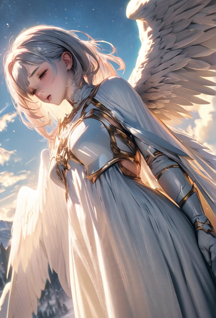 An angel in white robe and armor, There are three pairs of snow-white wings on its back, Holy Light, Heaven, Clouds, Divine atmosphere, UHD, textured skin, masterpiece, highres, anatomically correct, 16k, 1080P