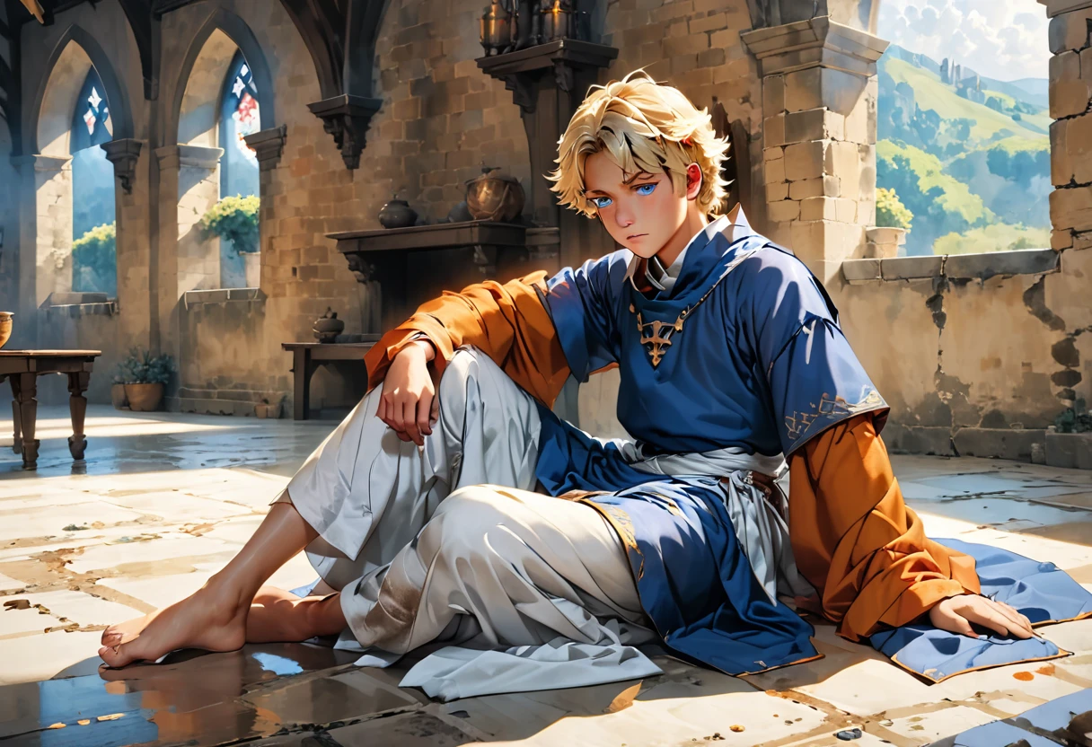 ung boy, orange sleeves, hair blonde, Pele branch.injured rowto, with blood Clothes white and blue tunic, light lilac eyes, barefoot, crying sitting in the room of a medieval castle 