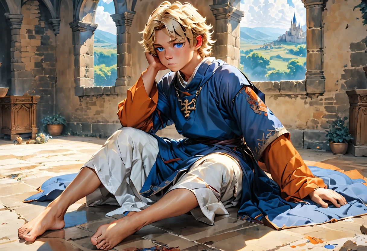 1 young boy, orange sleeves, hair blonde, Pele branch.injured rowto, with blood Clothes white and blue tunic, light lilac eyes, barefoot, crying sitting in the room of a medieval castle