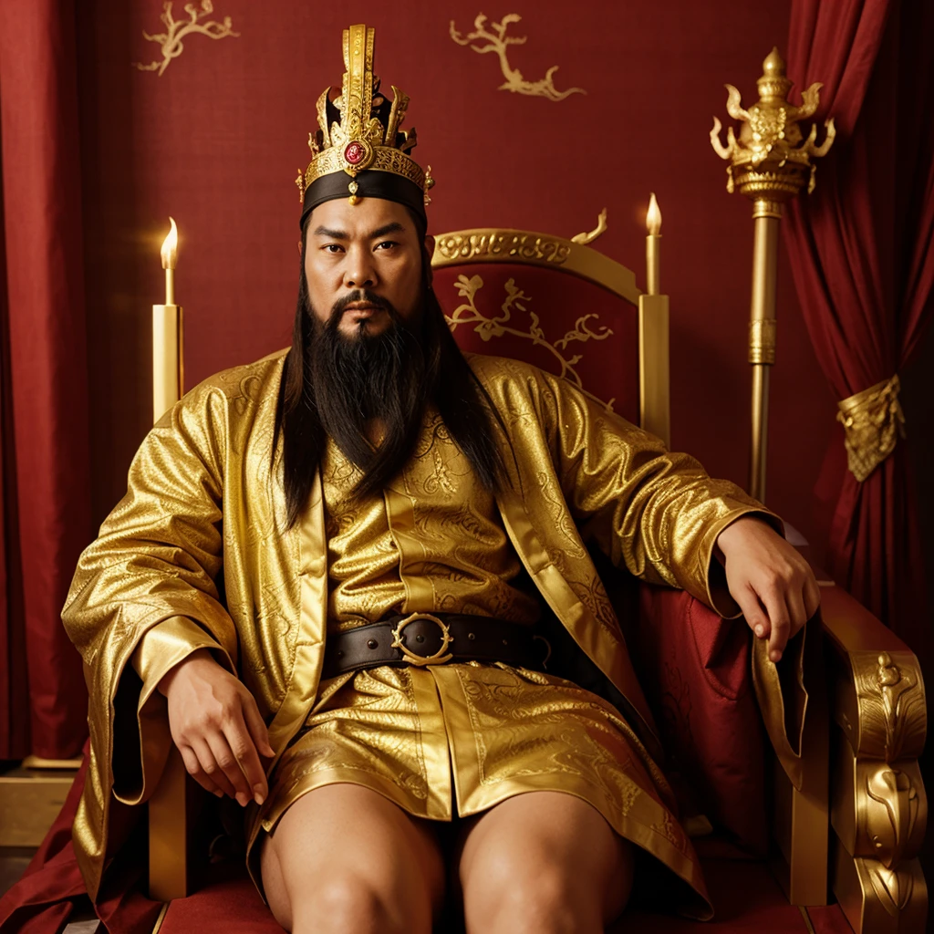 full body, an ancient chinese emperor sit on dragons throne, long beard, luxurious headdress, portrait, empty background, long shot, yellow gold emperor robe with dragons pattern, 