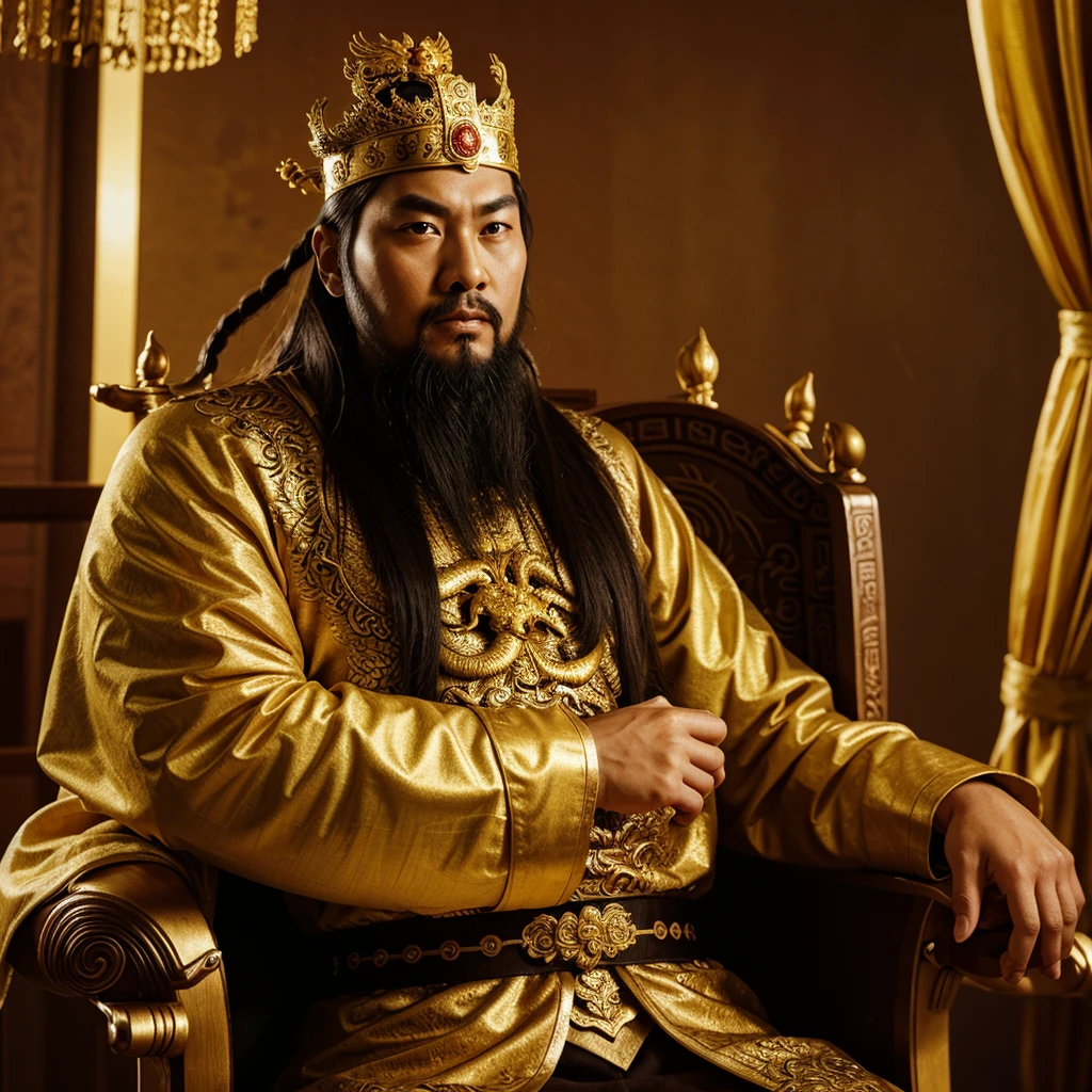 full body, an ancient chinese emperor sit on dragons throne, long beard, luxurious headdress, portrait, empty background, long shot, yellow gold emperor robe with dragons pattern, 