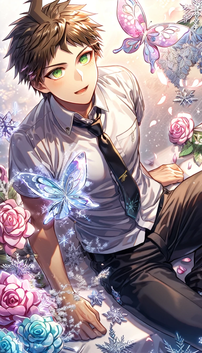 Ultra detailed, HDR, Highres, absurdres, master piece, Hinata Hajime, brown hair, expressive green eyes, white shirt, black necktie, Danganronpa, handsome, ice glittering butterflies, ice, petals, ice pink glass flowers, glittering, fantasy, magical, snowflakes, cold, solo, sexy man sitting, handsome smile, black pants