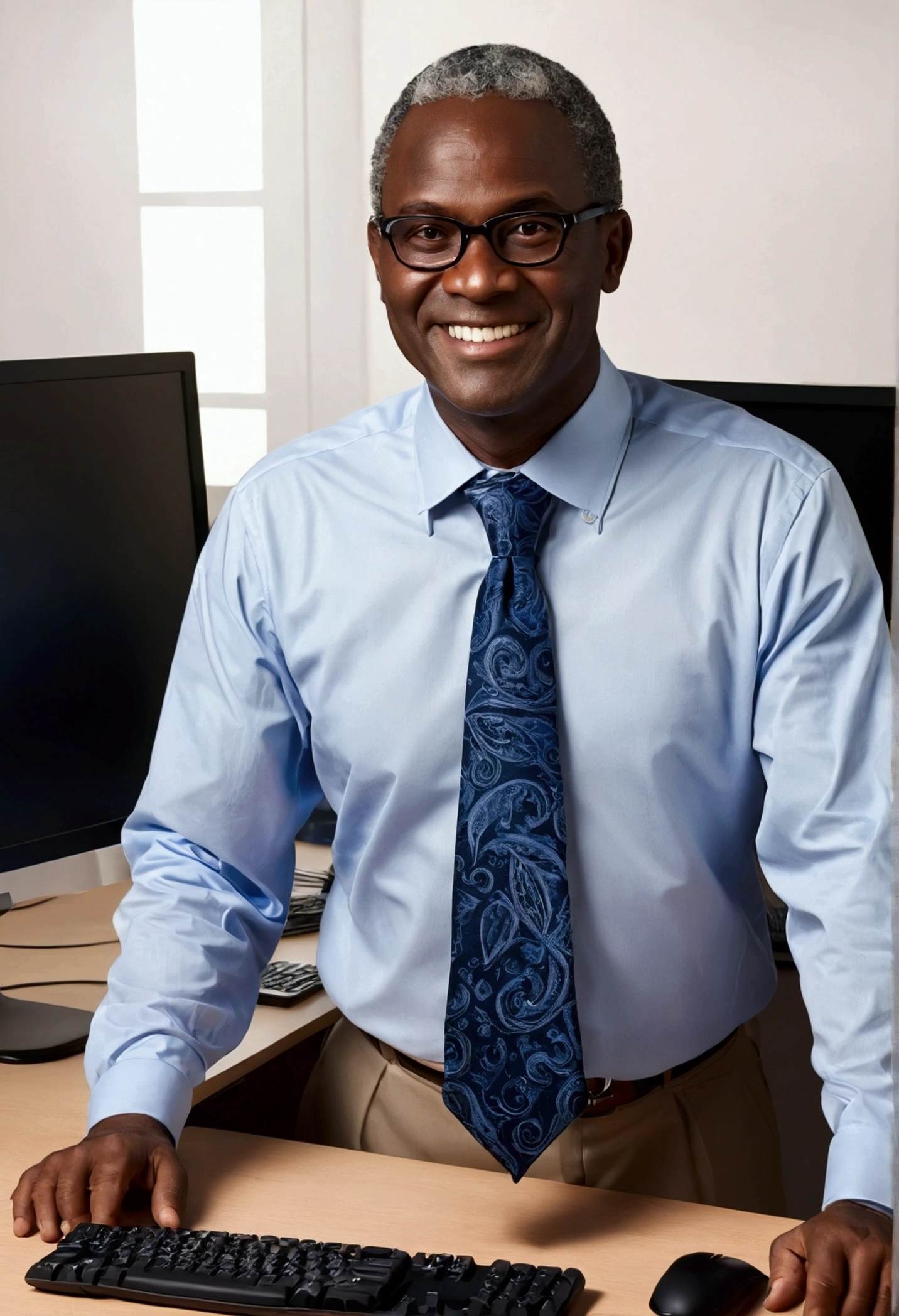 young Homem africano, fifty, small eyes, slightly-smile, grey hair, custom, in front of the computer, Commercial Image, realisitic, foto hd, high resolution, custom, chemise, necktie, desk, computers, custom noir, chemise bleue, necktie, rot, necktie motifs africains, mains sur desk, senior citizen;