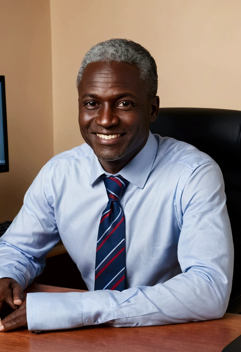 young Homem africano, fifty, small eyes, slightly-smile, grey hair, custom, in front of the computer, Commercial Image, realisitic, foto hd, high resolution, custom, chemise, necktie, desk, computers, custom noir, chemise bleue, necktie, rot, necktie motifs africains, mains sur desk, senior citizen;