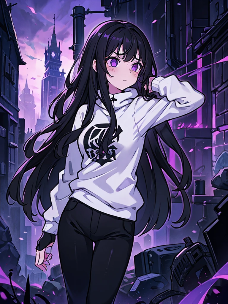 A  girl, Named: Robin, with long black hair, purple eyes, and white skin tone, has an normal personality, likes dark things and horror things, Wearing a black sweatshirt, and black pants, Ashamed.