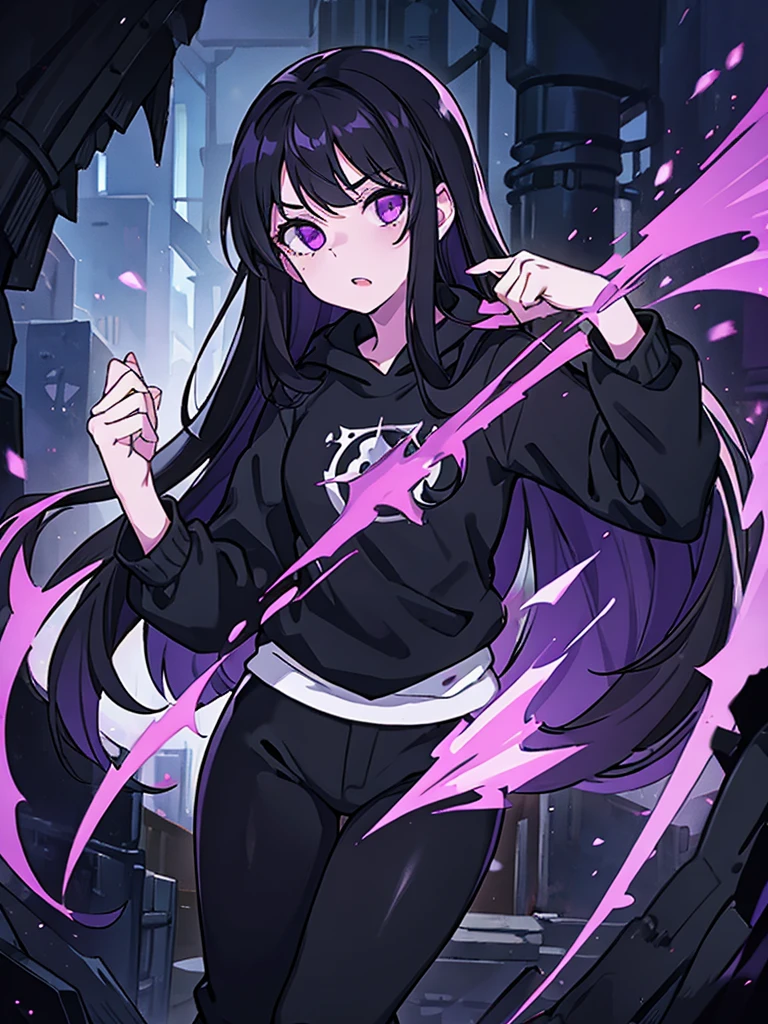 A 14 year old girl, Named: Robin, with long black hair, purple eyes, and white skin tone, has an normal personality, likes dark things and horror things, Wearing a black sweatshirt, and black pants, Ashamed.