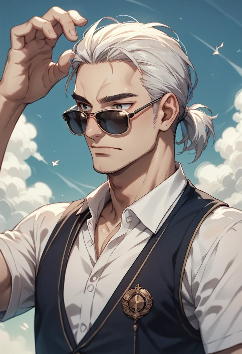 Huma Male , Wizard Carp , white Tied hair , Sunglasses , Vest shirt