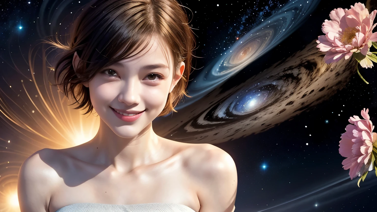 258 19-year-old female, (short hair),(Abstract background,universe), smile, flower