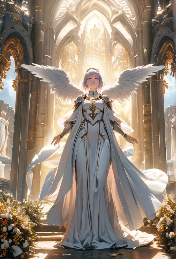 An angel in white robe and armor, There are three pairs of snow-white wings on its back, Holy Light, Heaven, Clouds, Divine atmosphere, UHD, textured skin, masterpiece, highres, anatomically correct, 16k, 1080P