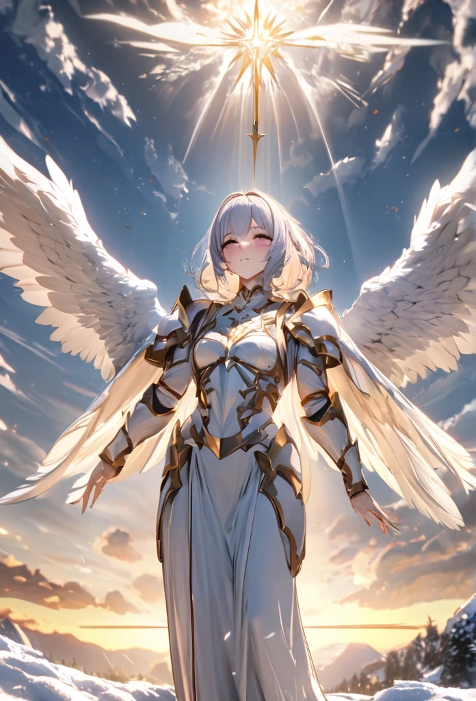 An angel in white robe and armor, There are three pairs of snow-white wings on its back, Holy Light, Heaven, Clouds, Divine atmosphere, UHD, textured skin, masterpiece, highres, anatomically correct, 16k, 1080P