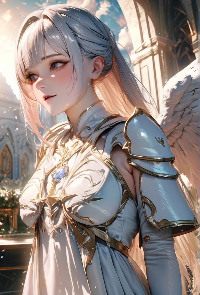 An angel in white robe and armor, There are three pairs of snow-white wings on its back, Holy Light, Heaven, Clouds, Divine atmosphere, UHD, textured skin, masterpiece, highres, anatomically correct, 16k, 1080P