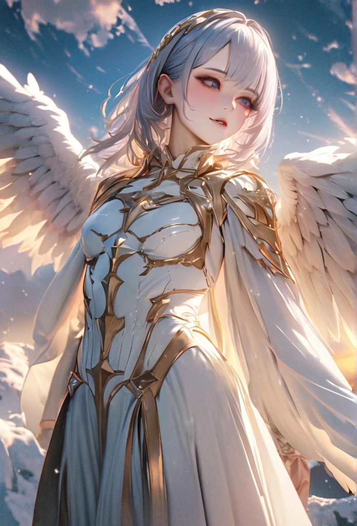 An angel in white robe and armor, There are three pairs of snow-white wings on its back, Holy Light, Heaven, Clouds, Divine atmosphere, UHD, textured skin, masterpiece, highres, anatomically correct, 16k, 1080P