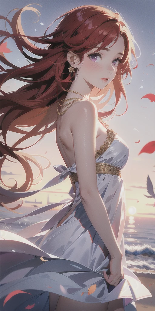 Highest quality, masterpiece, High resolution, One girl,Beautiful Face,Light red gauze dress,Ash gold hair, Purple Eyes,Delicate silver necklace,White clouds in the distance,Upper Body,Looking at the audience,Seaside