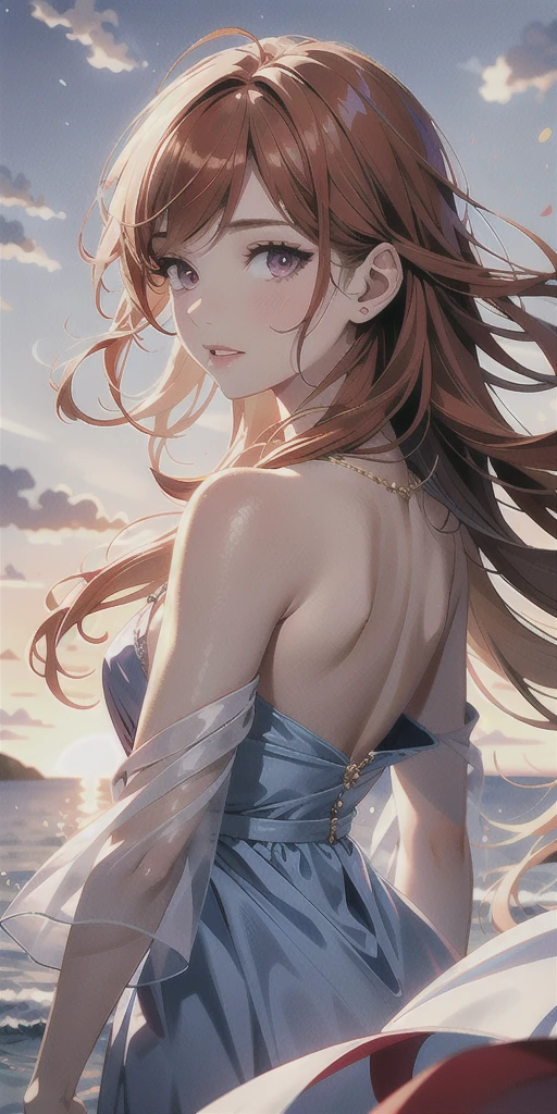 Highest quality, masterpiece, High resolution, One girl,Beautiful Face,Light red gauze dress,Ash gold hair, Purple Eyes,Delicate silver necklace,White clouds in the distance,Upper Body,Looking at the audience,Seaside