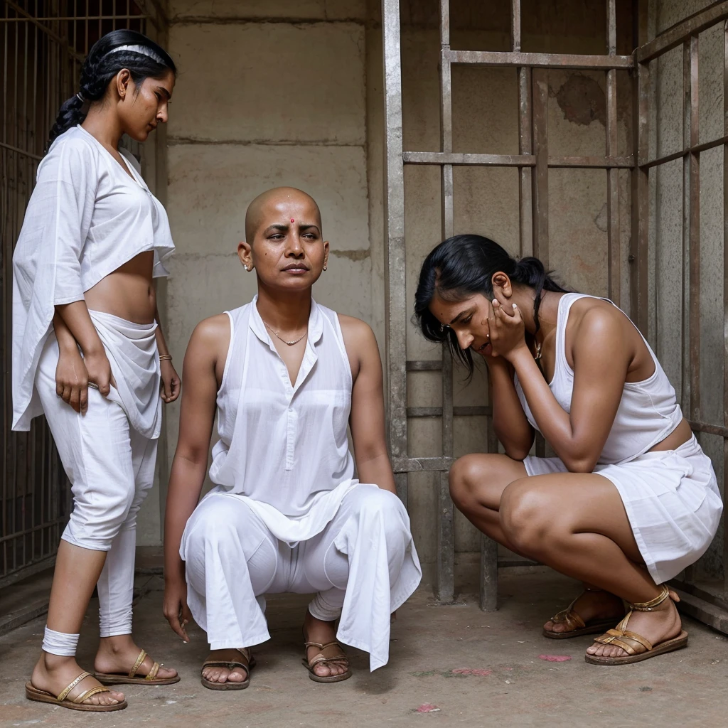 The Indian woman's prisoners, are crying, after head shaved, and waiting for next punishment, are wearing white sharee as Specific clothing for female prisoners, in side the jail Indian women prisoners, who are punished for being murga pose in jail every day. And doing squats holding the ears is a daily task