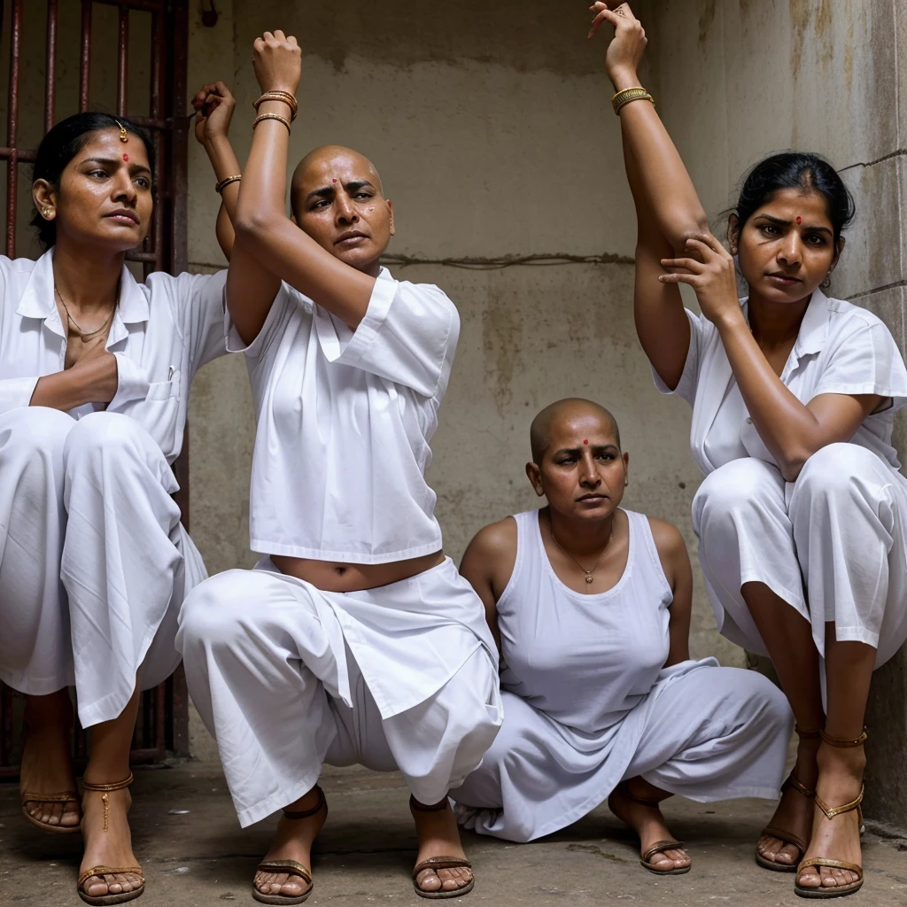 The Indian woman's prisoners, are crying, after head shaved, and waiting for next punishment, are wearing white sharee as Specific clothing for female prisoners, in side the jail Indian women prisoners, who are punished for being murga pose in jail every day. And doing squats holding the ears is a daily task