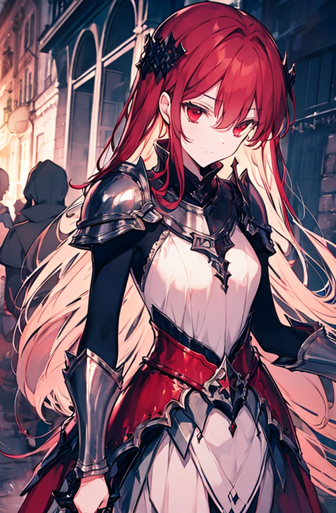 4k,hight resolution,One Woman,Bright red long hair,Longhaire,red eyes,knights,white sacred armor,jewel decorations,Big sword,medieval town,furious,