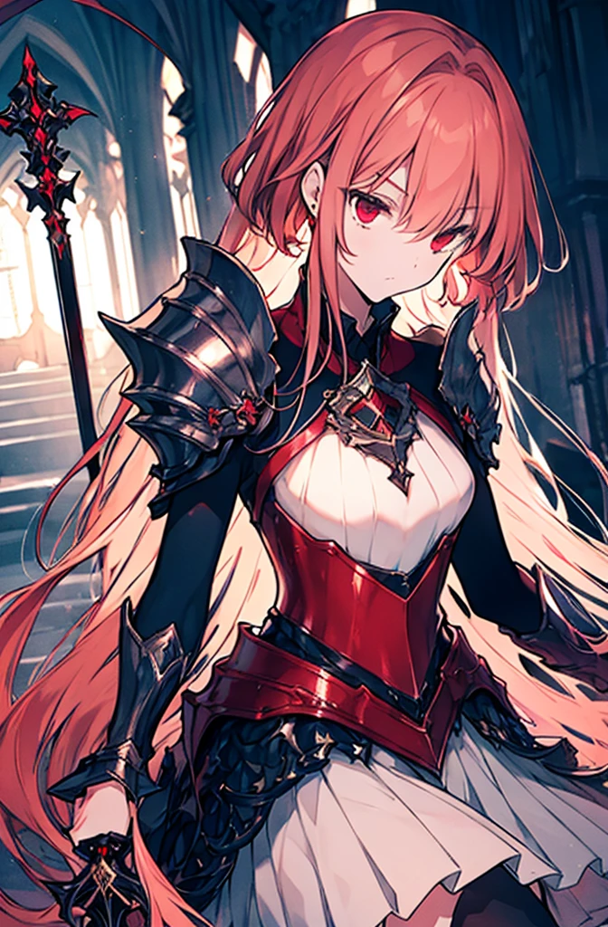 4k,hight resolution,One Woman,Bright red long hair,Longhaire,red eyes,knights,white sacred armor,jewel decorations,Big sword,medieval town,furious,