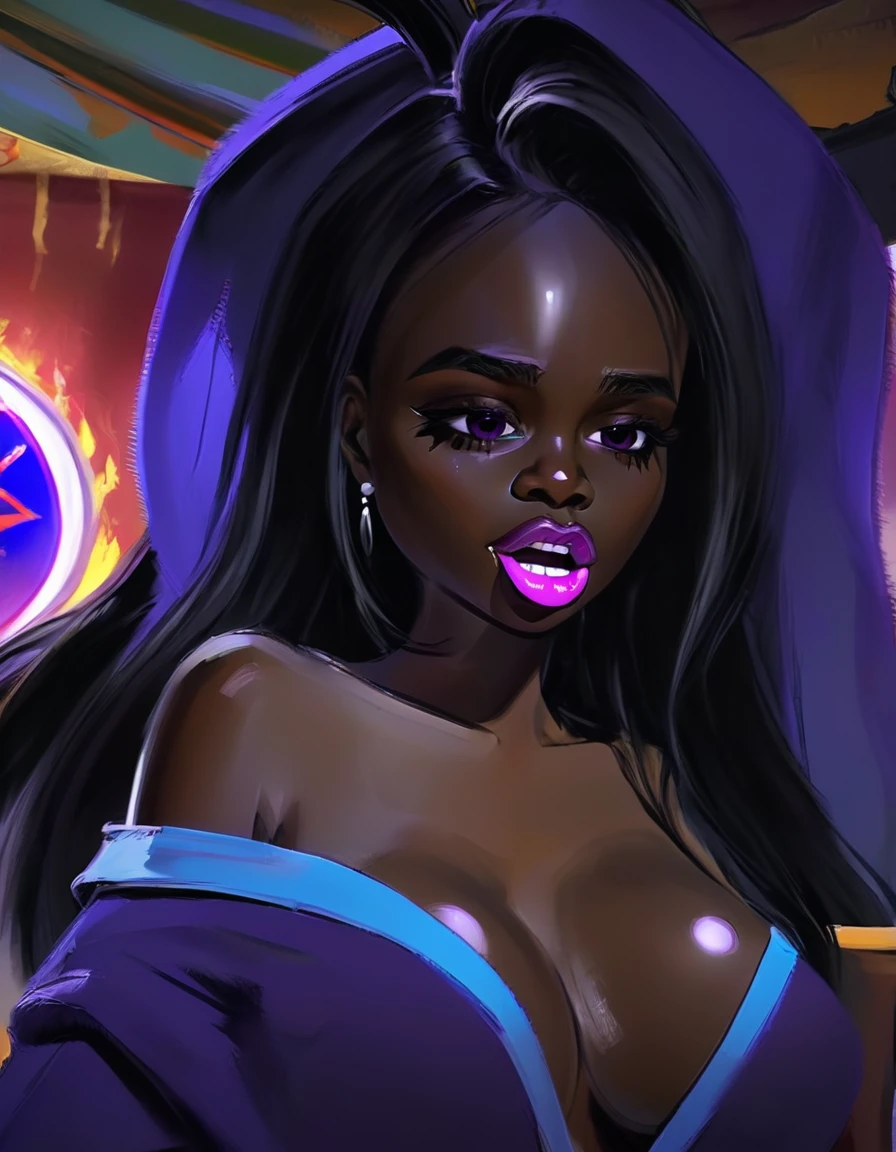 (graphic novel style, dark novel style, comic style, 2d:1.5), (hyperrealism, masterpiece:1.4), (colourful, soft cinematic light:1.1), incredibly lifelike, Extremely high-resolution details, 8k, best quality,extremely detailed, colorful, (open mouth), Low Angle View, circus tent, Gypsy with a glass ball for fortune telling in which spirits are seen sits by the table, black long Waves hair, White Sclera Eye, Fleshy nose, Thin nude Lips, dark makeup,(jewelry), ((tiara)), ((dark violet hood)), wearing intricate violet clothes, shawl, dark skin, mole under eye, gypsy dress, dark atmosphere, deep shadow, shadow, scream, (glass ball), furnishings of a magic tent for fortune telling,