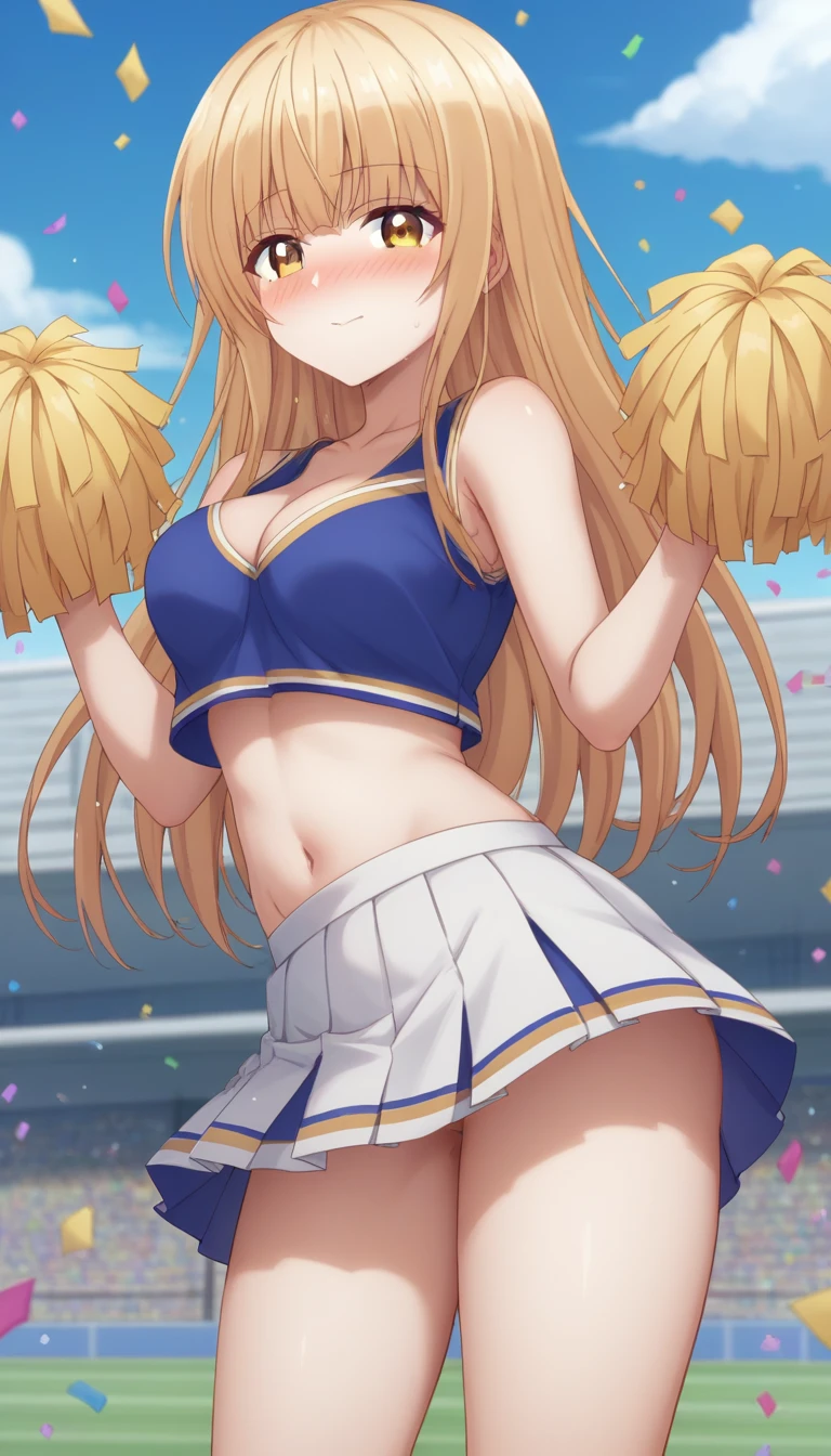 score_9, score_8_up, score_7_up, rating_explicit, 1girl, solo, MahiruShiina, otonari no tenshi-sama ni itsu no mani ka dame ningen ni sarete ita ken, shiina mahiru \(otonari no tenshi-sama\), yellow eyes, blonde hair, long hair, straight hair, medium breasts, cheerleader, sleeveless, crop top, crop top overhang, skirt, miniskirt, pleated skirt, blue shirt, white skirt, bare legs, cleavage, ass visible through thighs, thigh gap, contrapposto, looking at viewer, outdoors, blue sky, confetti, blush, nose blush,