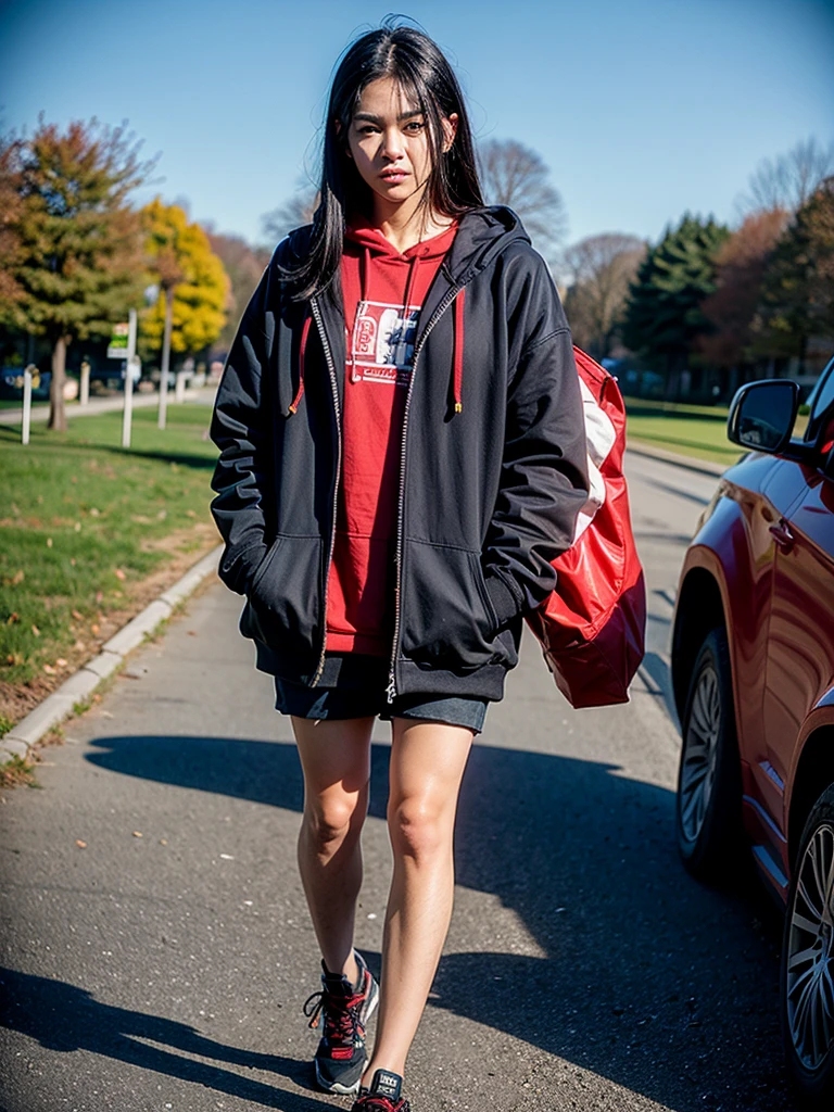  red skin, yellow eyes, long black hair, blue hoodie, walking on the park