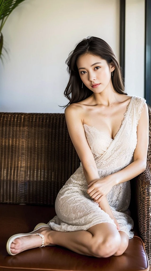 Dark brown hair、Light brown eyes、Japanese actress、 Lady、I am about 40 years old.......、(Intricate details:1.2)、(Which is the top???????:1.4)、 (Ultra-high resolution:1.2)、Ultra-high resolution、(fine adjustment)、(Detailed facial features)、Hmph、8k resolution、D cup size ???????、Long Hair、1 girl, A look of deep sadness, (Very detailed美しい顔), (Relaxed Resort Dress:1.???????pose your shoulders:1.3), (Highest quality:1.4), (Very detailed)、Beautiful fair skin with transparency, A terrace restaurant like those in foreign countries、Parasol、colorful、sunlight、colorfulなソファ、Sit back on the couch、With a relaxed look、Wide-angle shooting、Full body photo、Sandals、Beautiful feet、Resorts in Cuba、Sleep with your head on the sofa、