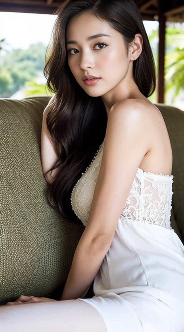 ((masterpiece)), 32k, masterpiece, Highest quality, 1 girl, alone, (Nationality: British:1.3), Realistic, Garden, Realistic, Very detailed, Detailed Background, (alone: 1.4), Happy expression, Slender body, Realistic Highly detailed long hair, Intricate details, masterpiece, Highest quality, West Shot, (花の咲くGardenの背景)), smile, ((Looking at the camera)), Earrings, Long straight black hair, Asymmetrical bangs, Natural Breasts ,