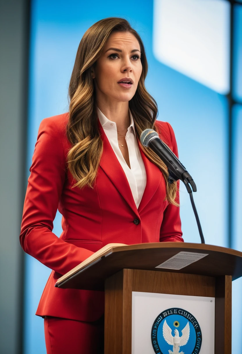 ((woman)), (30 year old), (long hair), (wearing reddish suit), (speech at a lectern), (bible on the pulpit), (modern protestant church background), (natural light), (photo realism), (hyper detailed), diffuse lighting, (((front view))), (Nikon D850 DSLR), ((long shot at 200mm f/1. 8 lens)), (Slightly blurred background with bokeh effect)