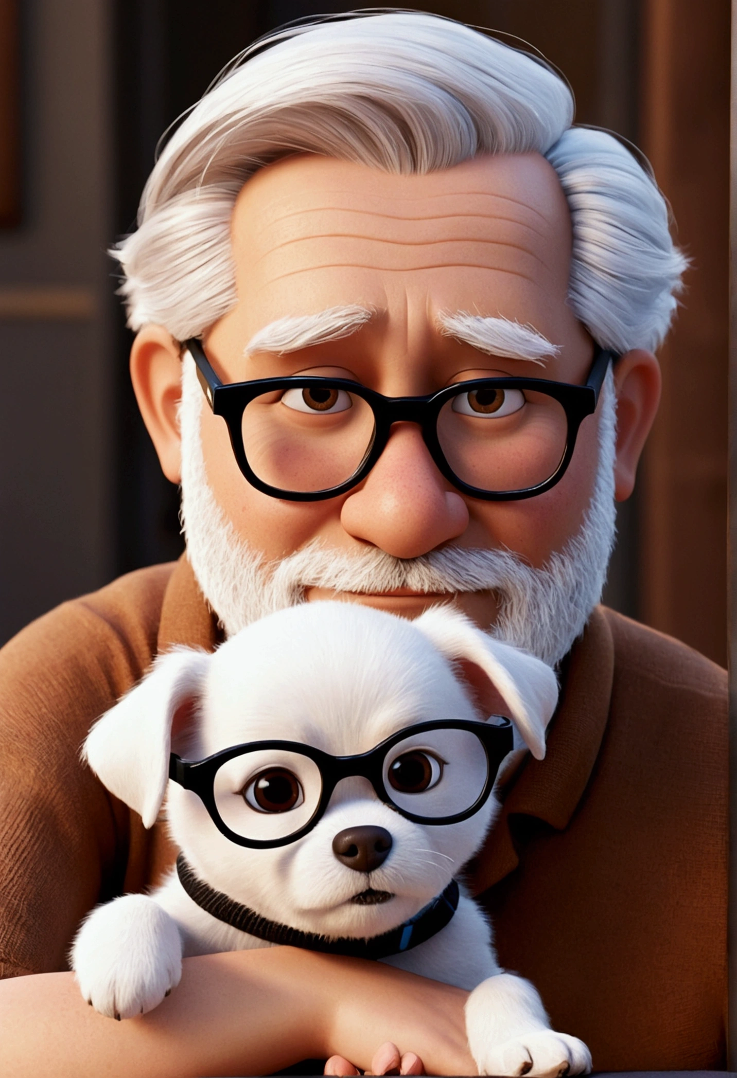 pixar. Couple with a puppy turns brown can. She has white hair tied into glasses, He wears a low beard cap, 30years!