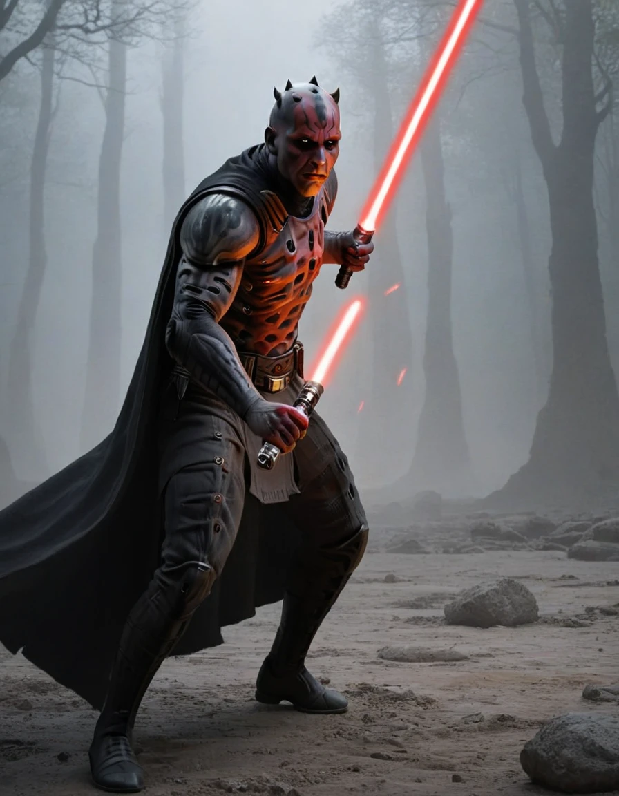 Darth Maul, (illustration style), Black cloak, ancient runes on the ground, Ultra-detailed face, red eyes, lightsaber, Debris on the ground, rocks floating around you, fog, (horror), matte painting