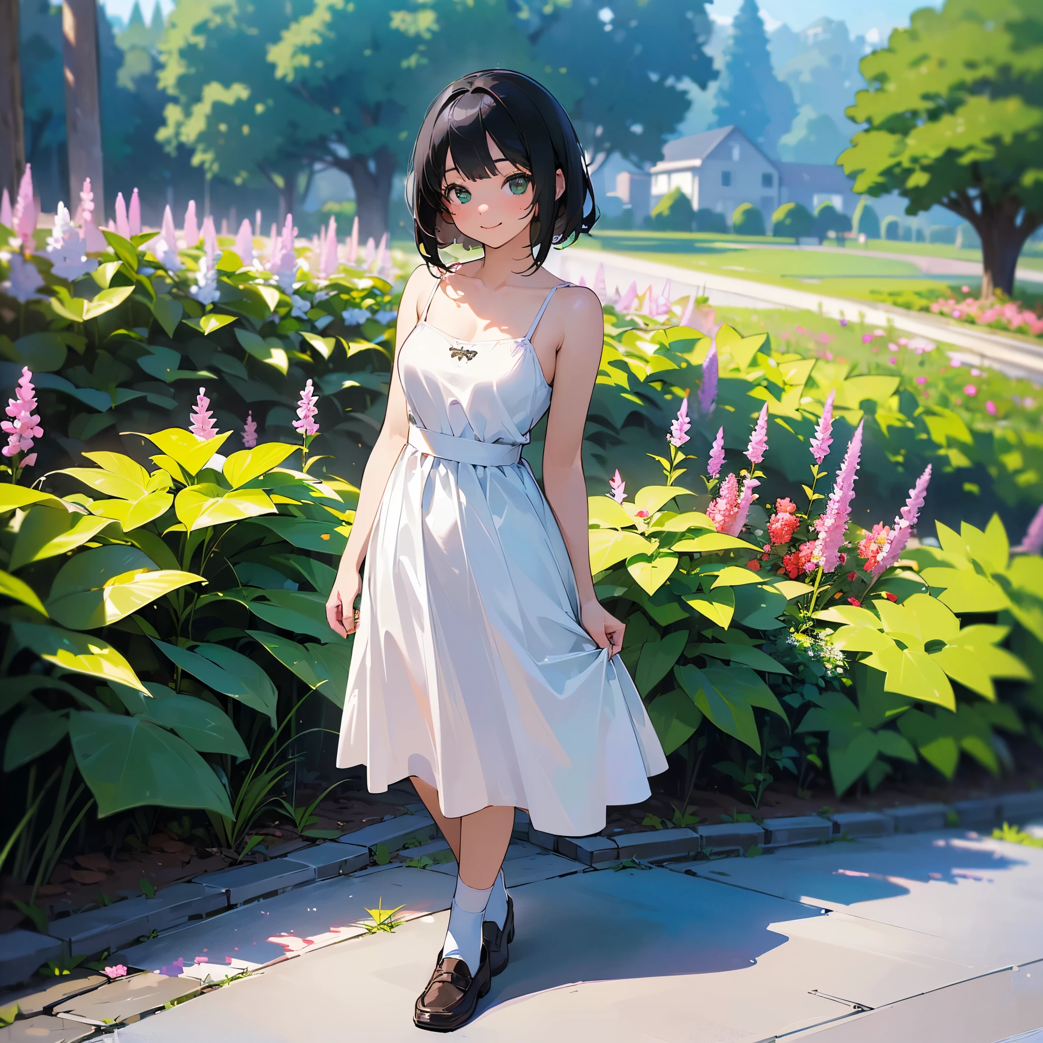 (high quality, High resolution, Very detailed, reality:1.37), Peaceful atmosphere, (Outdoor, garden), age girl standing alone, (my breasts are big.), Beautiful details, Cute Smile, (Black bob hair), White camisole dress, White socks, loafers.