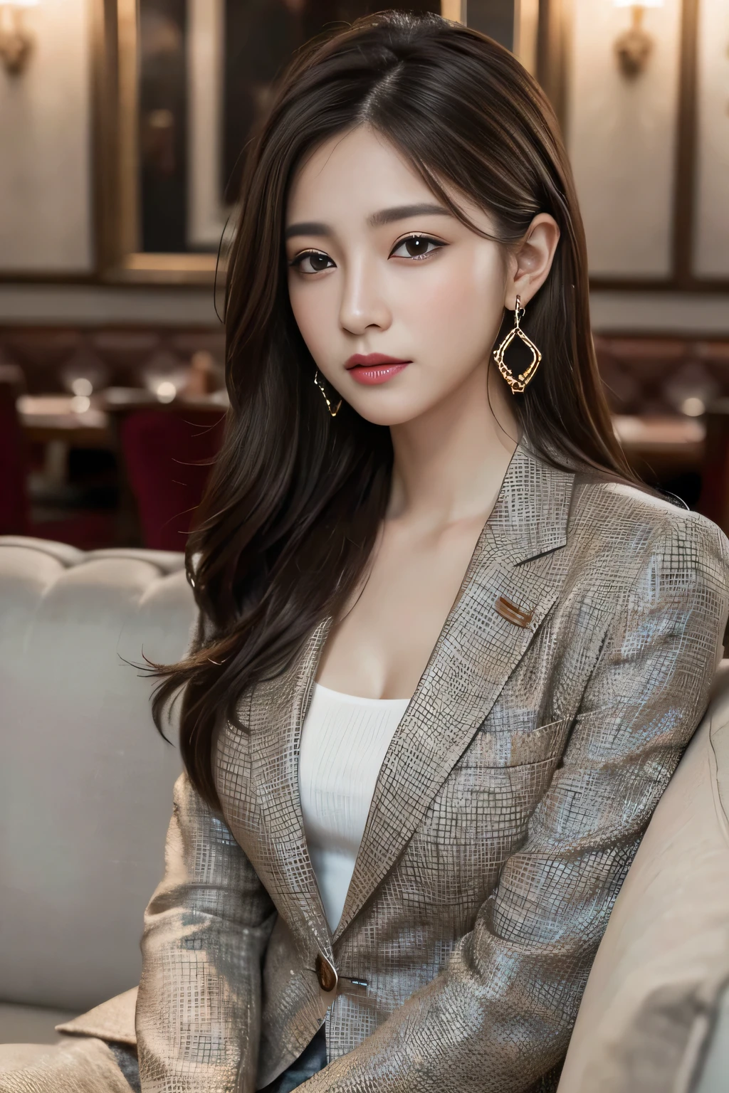 masterpiece, Highest quality, Realistic, Very detailed, Finer details, High resolution, 8k wallpaper, One beautiful woman, Wear a nice suit, In a great restaurant, At night, Light brown messy hair, Perfect dynamic composition, Beautiful and beautiful eyes、Big earrings、Sit on the sofa、